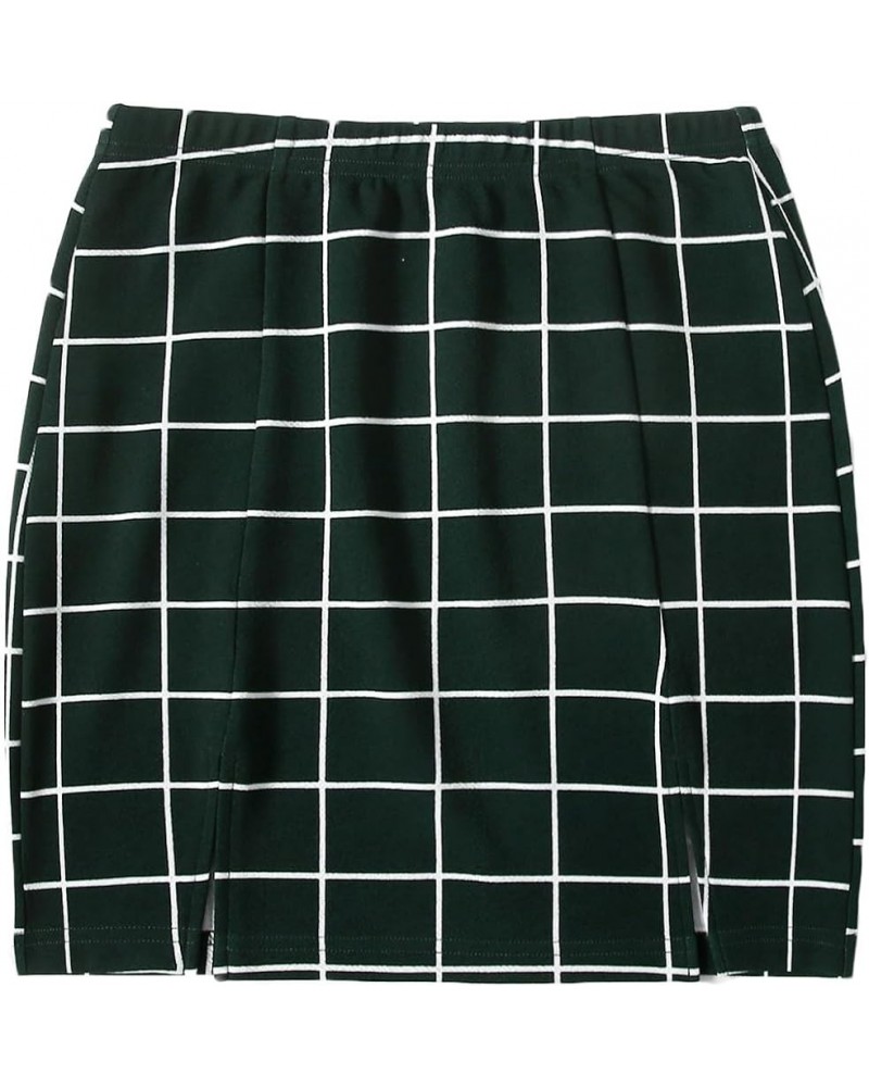 Women's Elegant High Waist Slit Hem Houndstooth Print Bodycon Mini Skirt Dark Green Plaid $13.74 Skirts