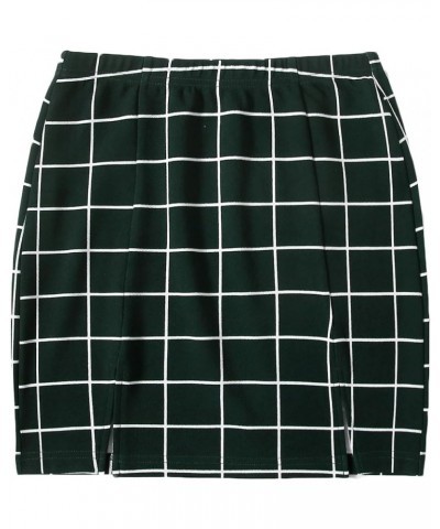 Women's Elegant High Waist Slit Hem Houndstooth Print Bodycon Mini Skirt Dark Green Plaid $13.74 Skirts