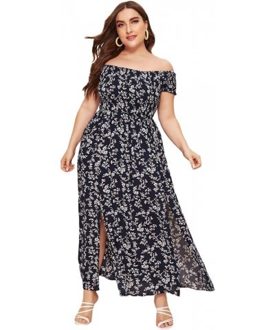 Women's Boho Floral Print Off Shoulder Split Long A Line Dress Navy Plus $20.58 Dresses