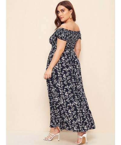 Women's Boho Floral Print Off Shoulder Split Long A Line Dress Navy Plus $20.58 Dresses