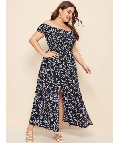 Women's Boho Floral Print Off Shoulder Split Long A Line Dress Navy Plus $20.58 Dresses