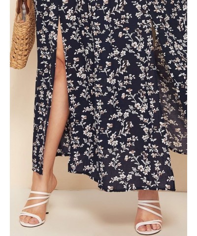 Women's Boho Floral Print Off Shoulder Split Long A Line Dress Navy Plus $20.58 Dresses