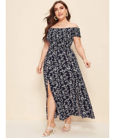 Women's Boho Floral Print Off Shoulder Split Long A Line Dress Navy Plus $20.58 Dresses