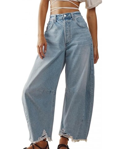 Women Mid Rise Barrel Trendy Jeans Wide Leg Mid Waist Cropped Denim Pants Y2k Baggy Boyfriend Jeans with Pockets B-light Blue...