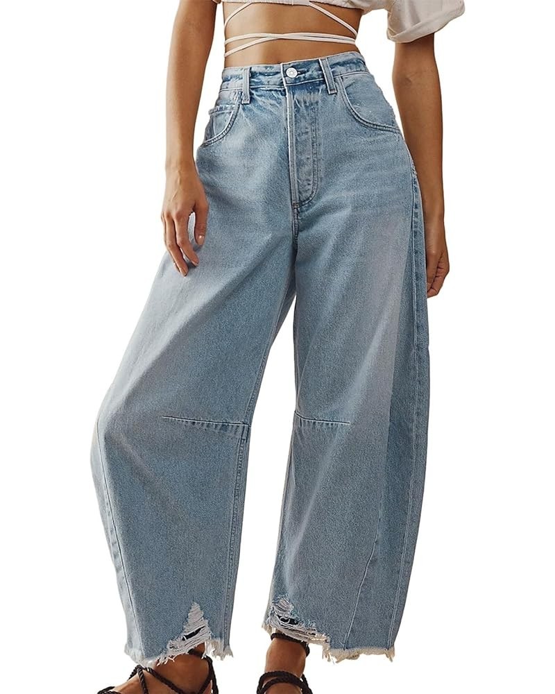 Women Mid Rise Barrel Trendy Jeans Wide Leg Mid Waist Cropped Denim Pants Y2k Baggy Boyfriend Jeans with Pockets B-light Blue...