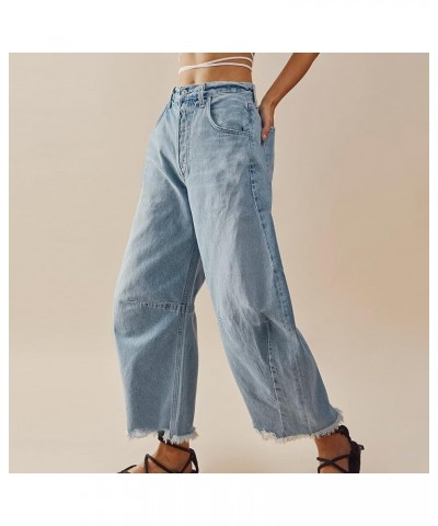 Women Mid Rise Barrel Trendy Jeans Wide Leg Mid Waist Cropped Denim Pants Y2k Baggy Boyfriend Jeans with Pockets B-light Blue...