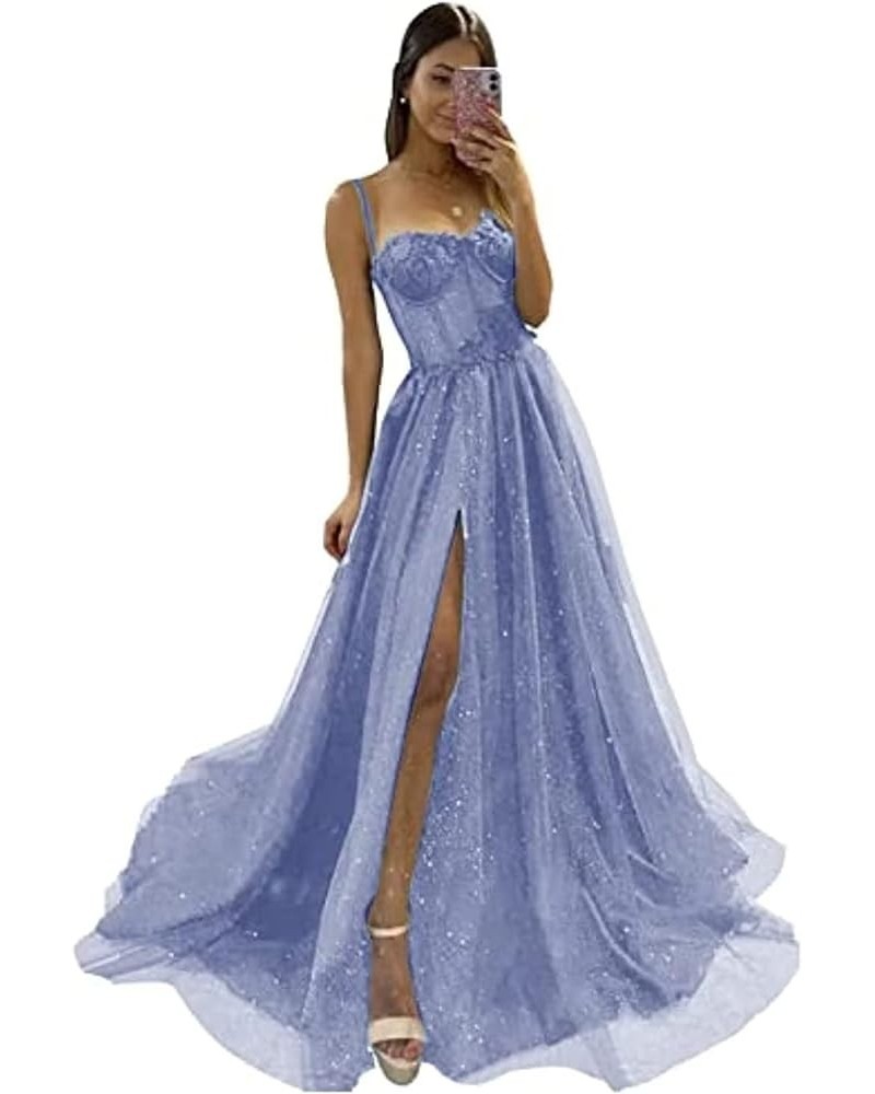 Women's Glitter Tulle 3D Flower Spaghetti Straps Prom Dresses Long Split Evening Party Gowns Slate $27.95 Dresses