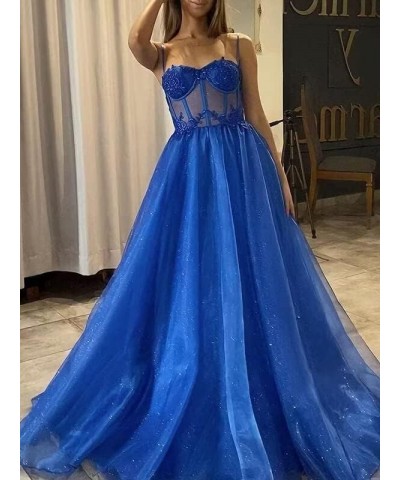 Women's Glitter Tulle 3D Flower Spaghetti Straps Prom Dresses Long Split Evening Party Gowns Slate $27.95 Dresses