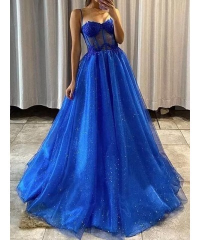 Women's Glitter Tulle 3D Flower Spaghetti Straps Prom Dresses Long Split Evening Party Gowns Slate $27.95 Dresses