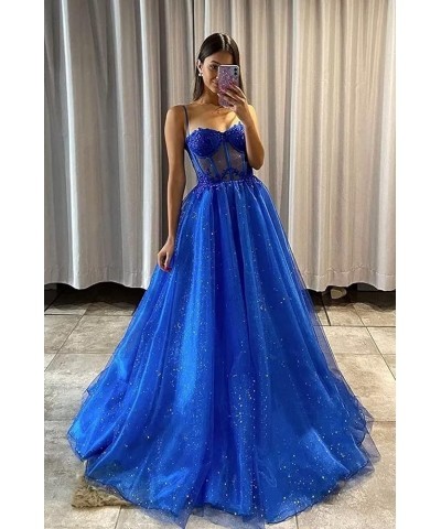 Women's Glitter Tulle 3D Flower Spaghetti Straps Prom Dresses Long Split Evening Party Gowns Slate $27.95 Dresses