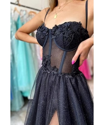 Women's Glitter Tulle 3D Flower Spaghetti Straps Prom Dresses Long Split Evening Party Gowns Slate $27.95 Dresses