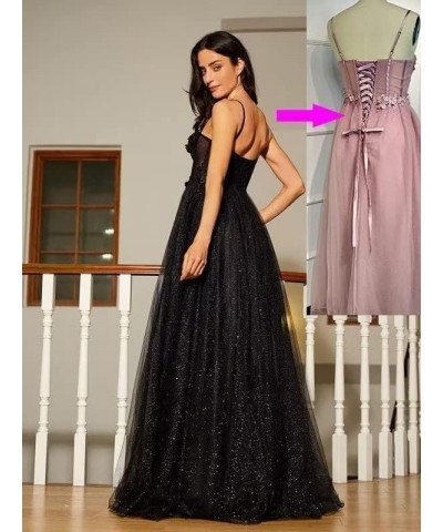 Women's Glitter Tulle 3D Flower Spaghetti Straps Prom Dresses Long Split Evening Party Gowns Slate $27.95 Dresses