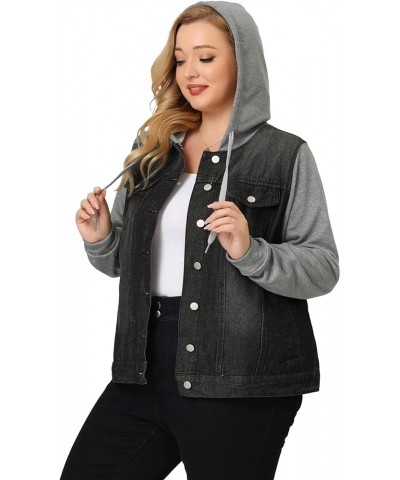 Women's Plus Size Layered Drawstring Hoodie Denim Jacket Jean Jackets with Pockets Black $21.73 Jackets