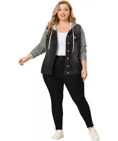 Women's Plus Size Layered Drawstring Hoodie Denim Jacket Jean Jackets with Pockets Black $21.73 Jackets