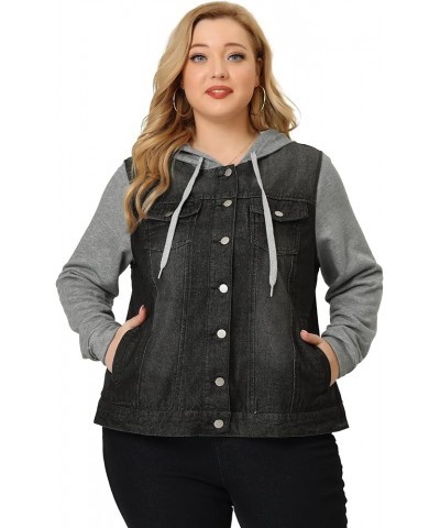 Women's Plus Size Layered Drawstring Hoodie Denim Jacket Jean Jackets with Pockets Black $21.73 Jackets