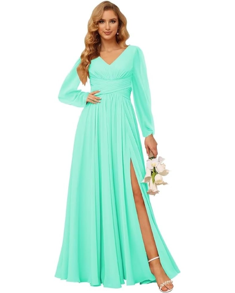 Long Sleeves Bridesmaid Dresses for Women with Pockets Pleated Chiffon Long V Neck Formal Party Dresss with Slit DE41 Turquoi...