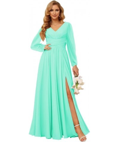 Long Sleeves Bridesmaid Dresses for Women with Pockets Pleated Chiffon Long V Neck Formal Party Dresss with Slit DE41 Turquoi...