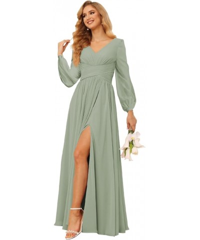 Long Sleeves Bridesmaid Dresses for Women with Pockets Pleated Chiffon Long V Neck Formal Party Dresss with Slit DE41 Turquoi...