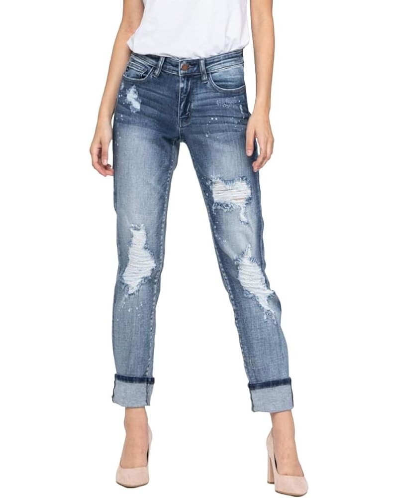 Women's Mid-Rise Bleach Splash Destroyed and Cuffed Boyfriend Jeans Light Blue $41.04 Jeans