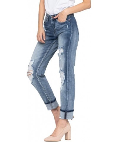 Women's Mid-Rise Bleach Splash Destroyed and Cuffed Boyfriend Jeans Light Blue $41.04 Jeans