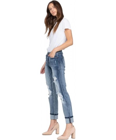 Women's Mid-Rise Bleach Splash Destroyed and Cuffed Boyfriend Jeans Light Blue $41.04 Jeans