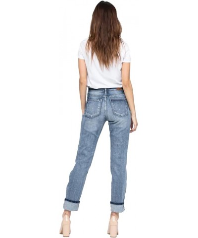 Women's Mid-Rise Bleach Splash Destroyed and Cuffed Boyfriend Jeans Light Blue $41.04 Jeans