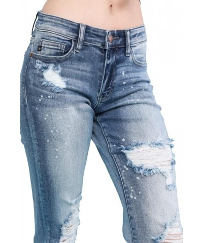 Women's Mid-Rise Bleach Splash Destroyed and Cuffed Boyfriend Jeans Light Blue $41.04 Jeans