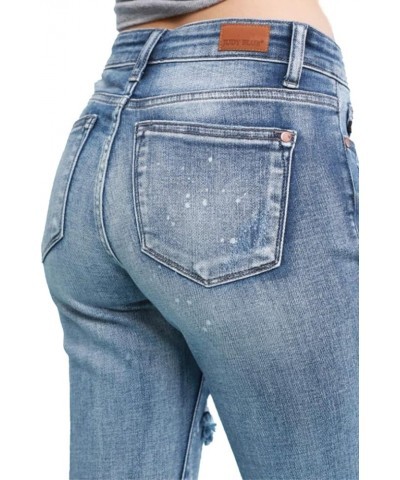 Women's Mid-Rise Bleach Splash Destroyed and Cuffed Boyfriend Jeans Light Blue $41.04 Jeans