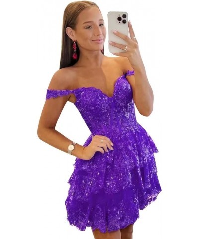 Women's Tiered Lace Homecoming Dresses for Teens Off The Shoulder Sparkly Sequin Corset Prom Party Gown Purple $31.71 Dresses