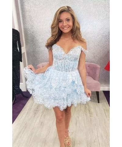 Women's Tiered Lace Homecoming Dresses for Teens Off The Shoulder Sparkly Sequin Corset Prom Party Gown Purple $31.71 Dresses