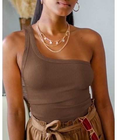 Womens One Shoulder Tops Summer Sleeveless Ribbed Tank Top Casual Slim Basic Tees Coffee $11.59 Tanks