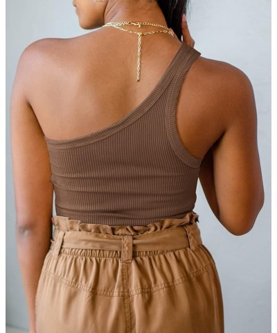 Womens One Shoulder Tops Summer Sleeveless Ribbed Tank Top Casual Slim Basic Tees Coffee $11.59 Tanks