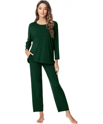 Women's Pajamas Set-Viscose Made from Bamboo, Crew Neck Sleepwear Long Sleeve Pj Soft Loungewear with Long Pants B-dark Green...