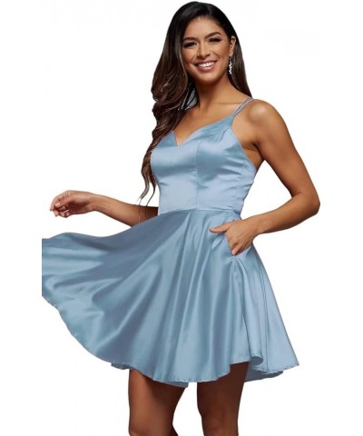 Women's V Neck Short Homecoming Dresses for Teens Spaghetti Strap Satin Prom Formal Dress with Pockets Dusty Blue $39.74 Dresses