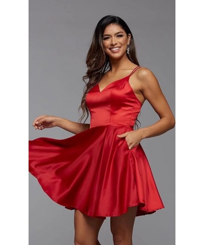 Women's V Neck Short Homecoming Dresses for Teens Spaghetti Strap Satin Prom Formal Dress with Pockets Dusty Blue $39.74 Dresses