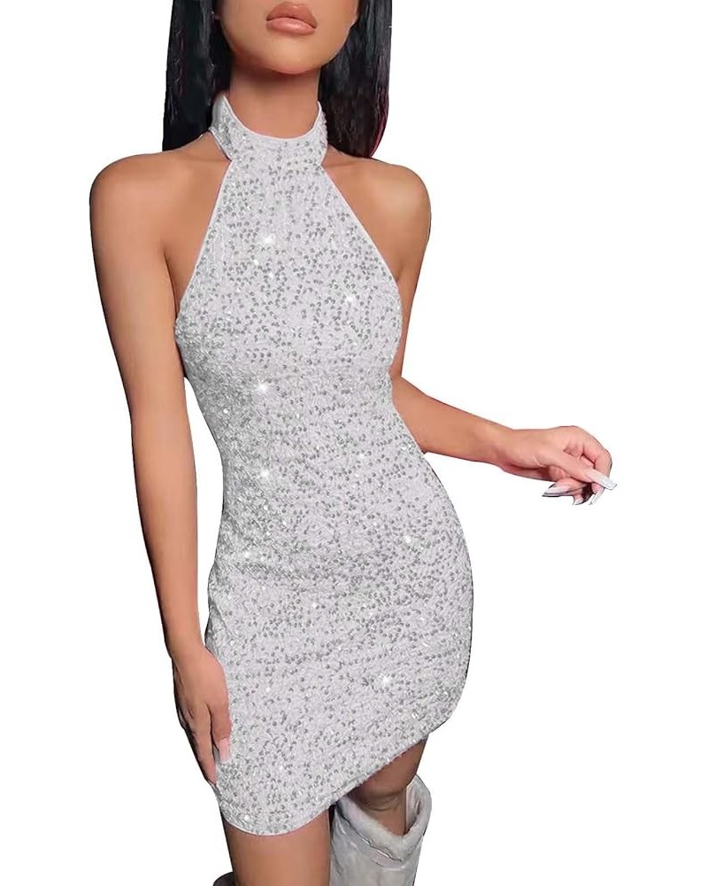 Women's Sparkly Sequin Halter Beaded Sexy Bodycon Cocktail Dress for Prom Bridesmaid and Wedding H03-white $9.20 Dresses