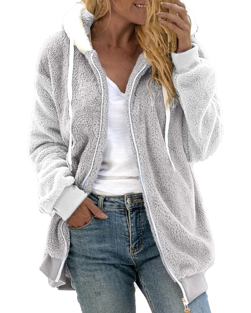 Jackets for Women 2023 Fall Winter Fuzzy Fleece Jacket Long Sleeve Full Zip Casual Loose Hooded Coat Soft Outerwear Grey-c $1...