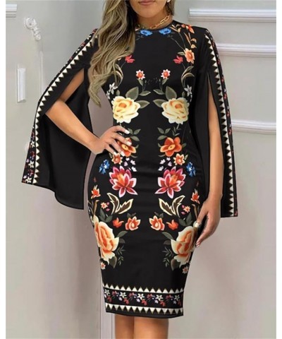 Bodycon Dresses for Women Sexy Print Church 2023 Midi Business Work Elegant Pencil Dress Z01-black-fl $11.39 Dresses