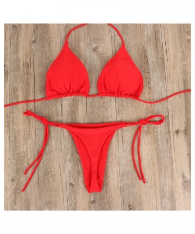 Women 2 Pieces Bikini Swimsuit Spaghetti Strap Top Tie Side Triangle G-Thong Bathing Suit Swimwear A-red $13.10 Swimsuits