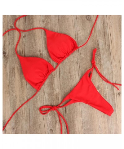 Women 2 Pieces Bikini Swimsuit Spaghetti Strap Top Tie Side Triangle G-Thong Bathing Suit Swimwear A-red $13.10 Swimsuits