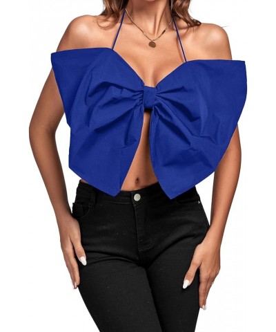 Women's Sexy Tie Neck Bow Tube Crop Top Sleeveless Strapless Party Fluffy Tank Top Royal Blue $13.43 Tanks