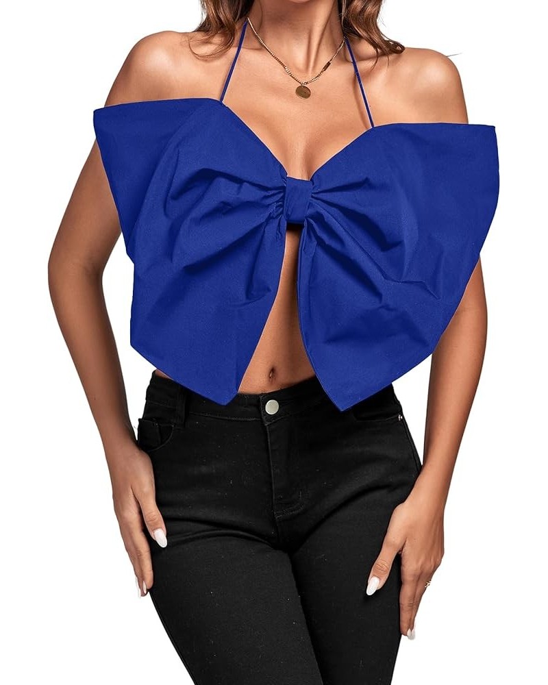 Women's Sexy Tie Neck Bow Tube Crop Top Sleeveless Strapless Party Fluffy Tank Top Royal Blue $13.43 Tanks