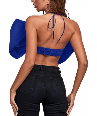 Women's Sexy Tie Neck Bow Tube Crop Top Sleeveless Strapless Party Fluffy Tank Top Royal Blue $13.43 Tanks