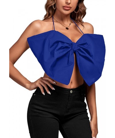 Women's Sexy Tie Neck Bow Tube Crop Top Sleeveless Strapless Party Fluffy Tank Top Royal Blue $13.43 Tanks