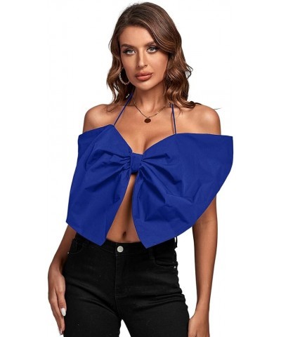 Women's Sexy Tie Neck Bow Tube Crop Top Sleeveless Strapless Party Fluffy Tank Top Royal Blue $13.43 Tanks