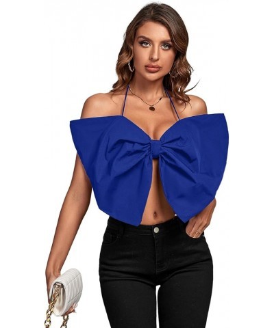 Women's Sexy Tie Neck Bow Tube Crop Top Sleeveless Strapless Party Fluffy Tank Top Royal Blue $13.43 Tanks