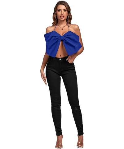 Women's Sexy Tie Neck Bow Tube Crop Top Sleeveless Strapless Party Fluffy Tank Top Royal Blue $13.43 Tanks