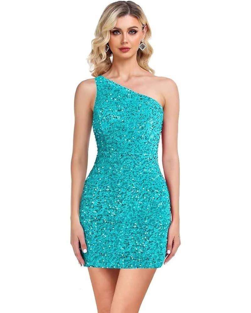 One Shoulder Sequin Homecoming Dress Tight Short Prom Dress Sparkly Backless Cocktail Mini Dress for Teens Turquoise-zipper B...