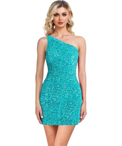 One Shoulder Sequin Homecoming Dress Tight Short Prom Dress Sparkly Backless Cocktail Mini Dress for Teens Turquoise-zipper B...