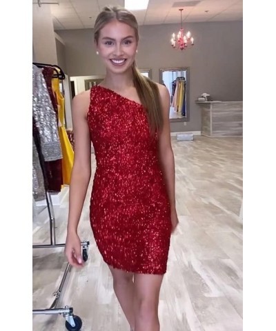 One Shoulder Sequin Homecoming Dress Tight Short Prom Dress Sparkly Backless Cocktail Mini Dress for Teens Turquoise-zipper B...